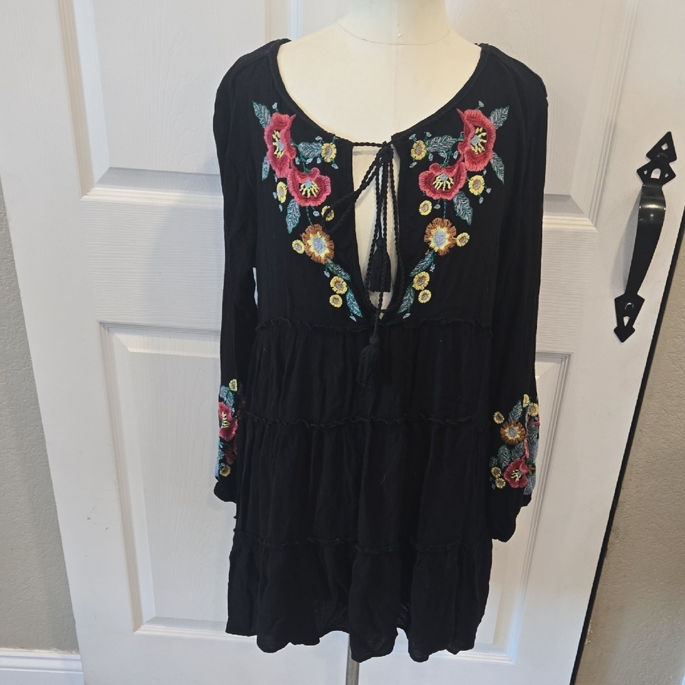 Free People Black Floral Embroidered Tiered Tassel Mini Dress Small